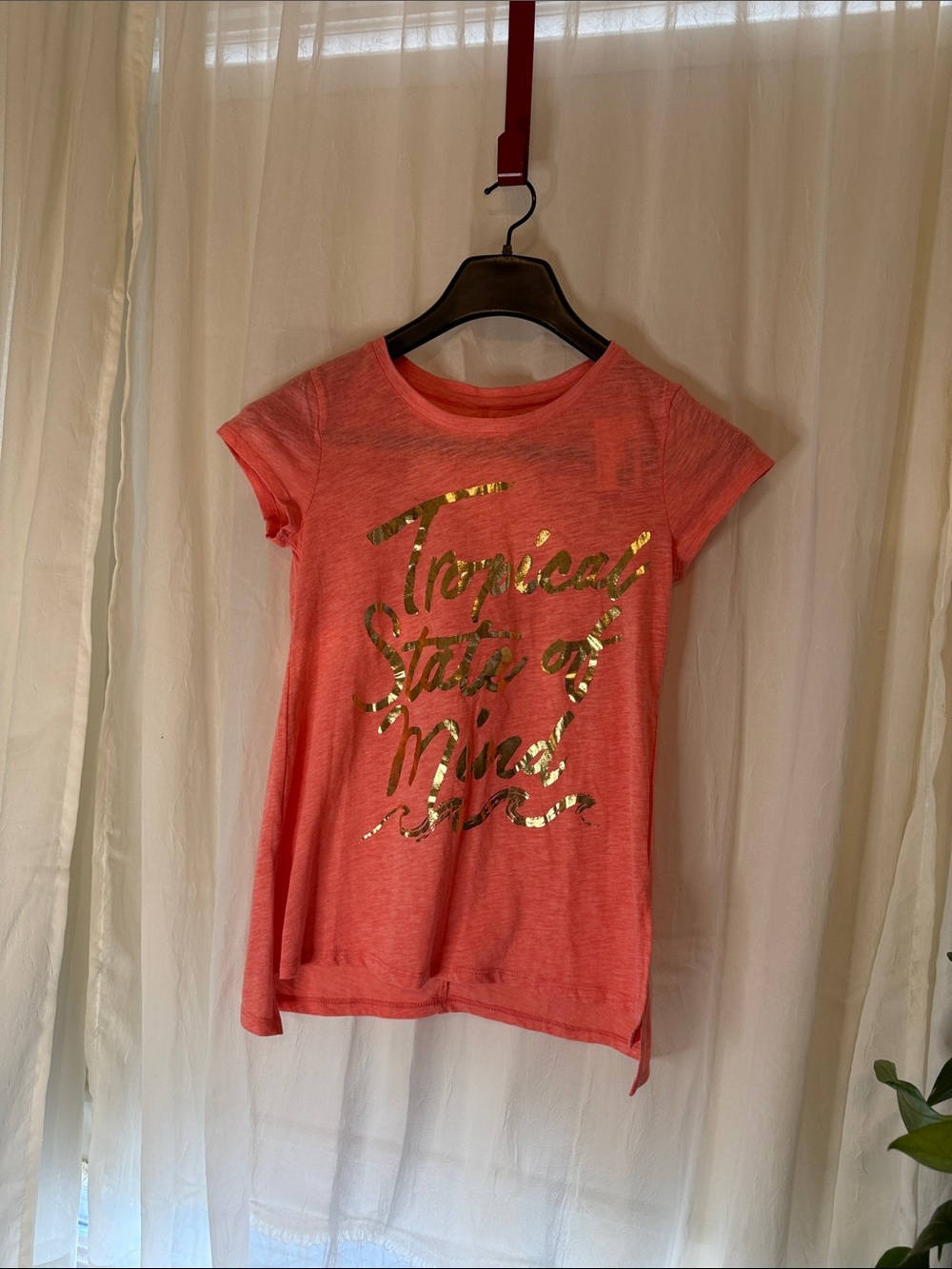 Coral Pink Short-Sleeve Graphic Tee with Gold Foil Script